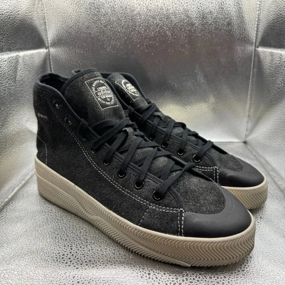 Size 11.5 Adidas Nizza 2‎ Black Mens Mid Top Lace Up Sneaker Shoes GX6309